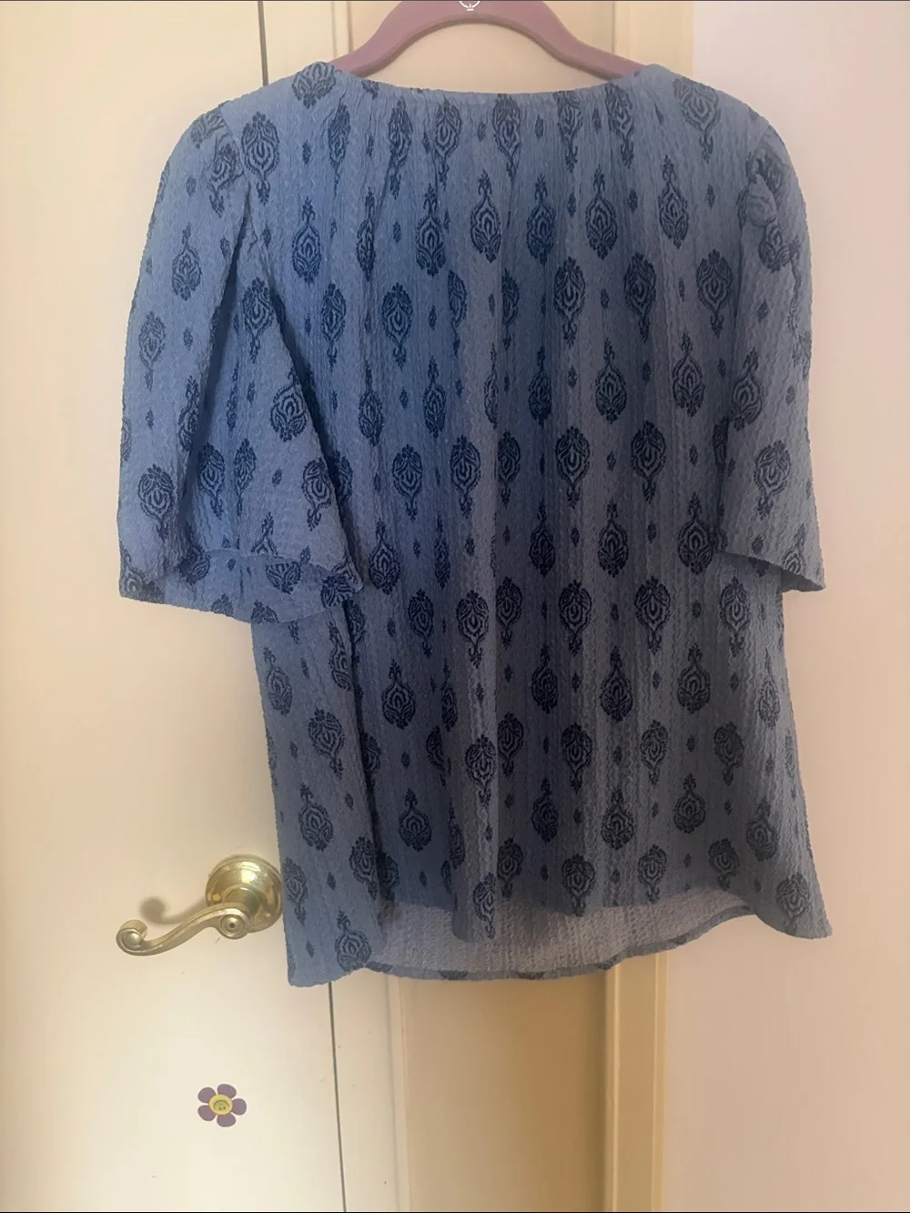 LOFT Light Blue Textured Puff Sleeve Blouse with Navy Motif